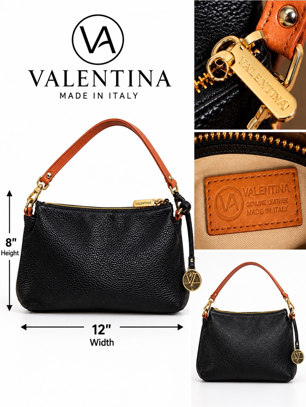 Valentina Made in Italy Black Genuine Leather Shoulder Bag